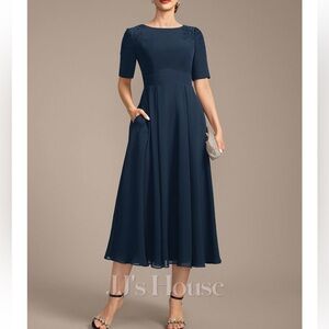 JJs House Elegant Dark Blue Long Sleeve Dress